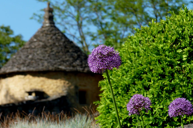 Blumen und runde Steinhäuser im Perigord in Südfrankreich
